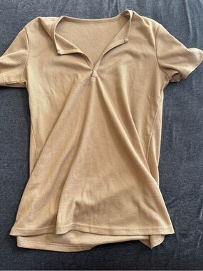 Waffle Knit Short Sleeve Cover Up Top - Camel